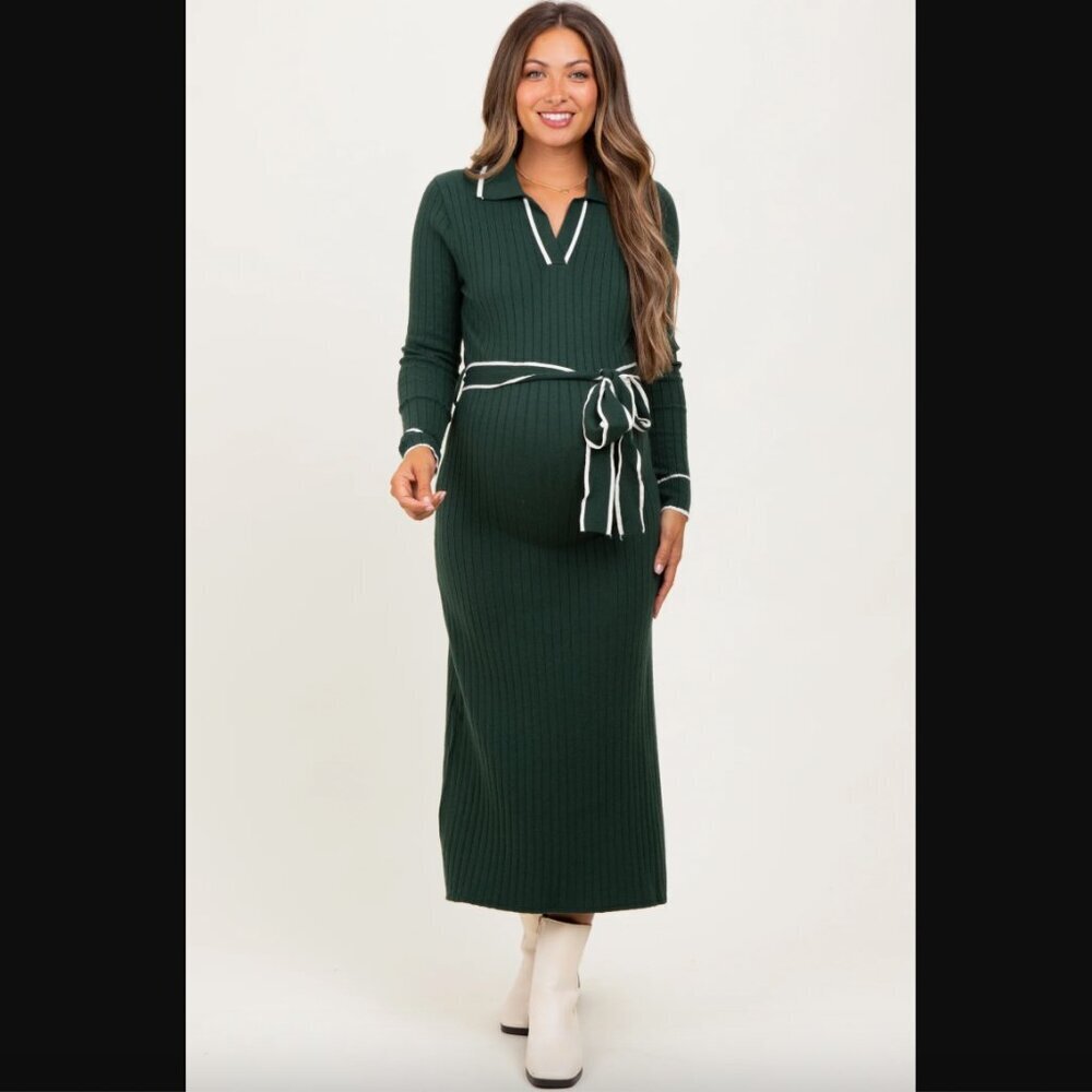 Pinkblush In February Green Stretchy Rib Fitted Maternity Sweater Midi Dress S